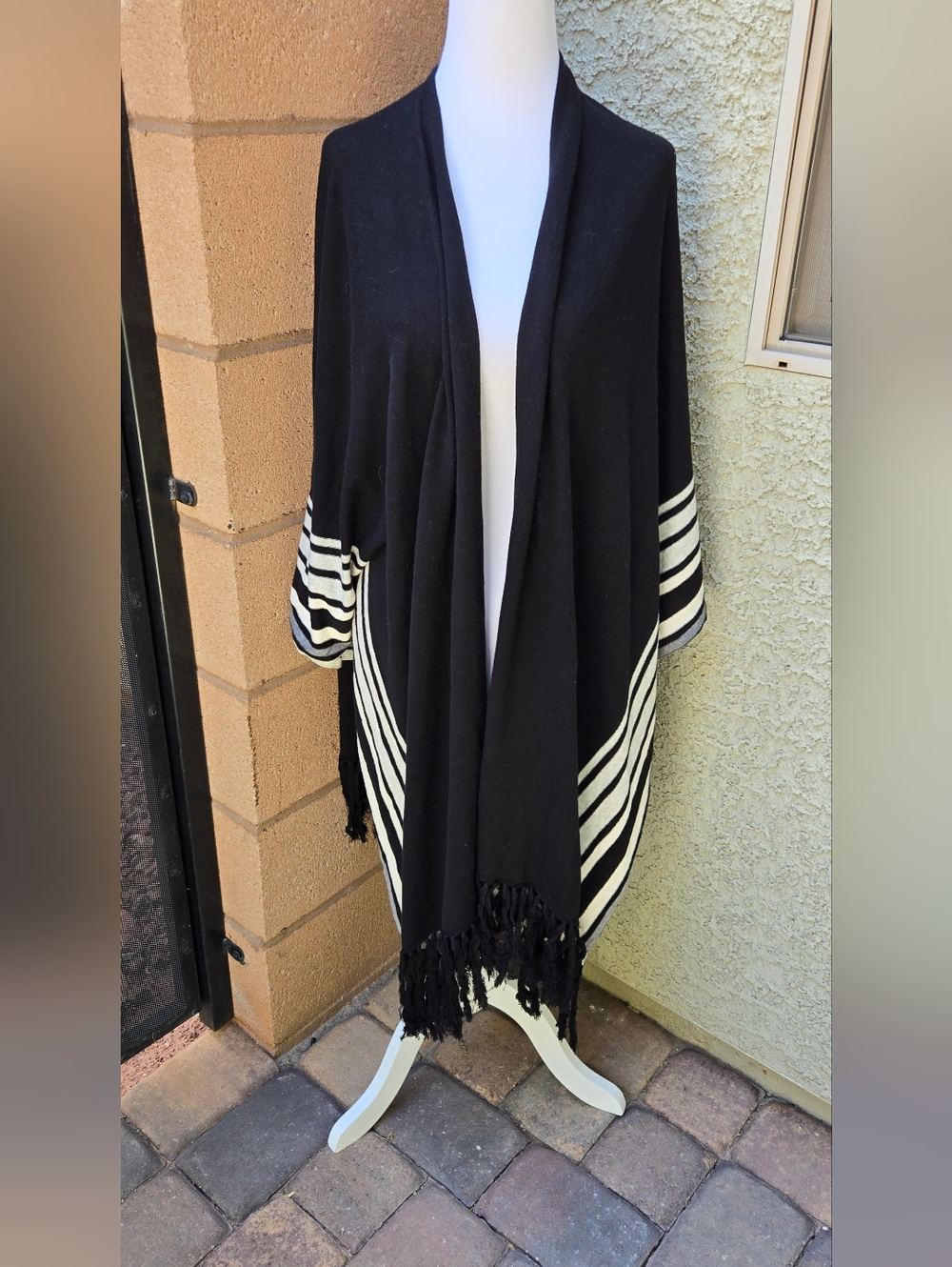 BCBGeneration Black and White Striped Fringe Open Front Kimono